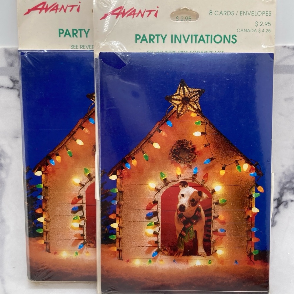 Vintage Avanti Christmas Invitations Dog Doghouse Lights 2 Packs (8 Cards Each)